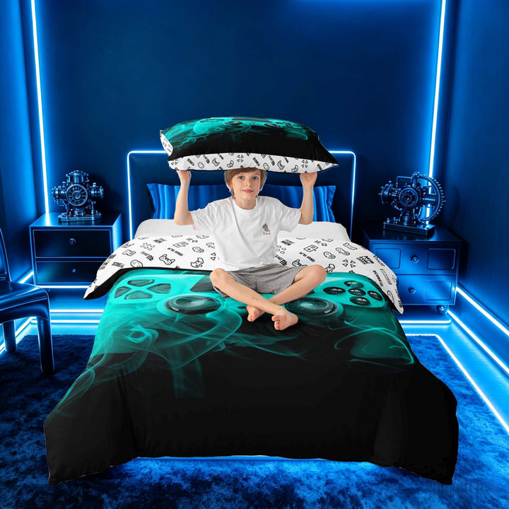 meiyoeat Neon Gaming Gamepad Duvet Cover Set, Smoke Wave Bedding Full for Boys, Teal, Gamepad Reversible 3-Piece, 1 Duvet Cover and 2 Pillowcases