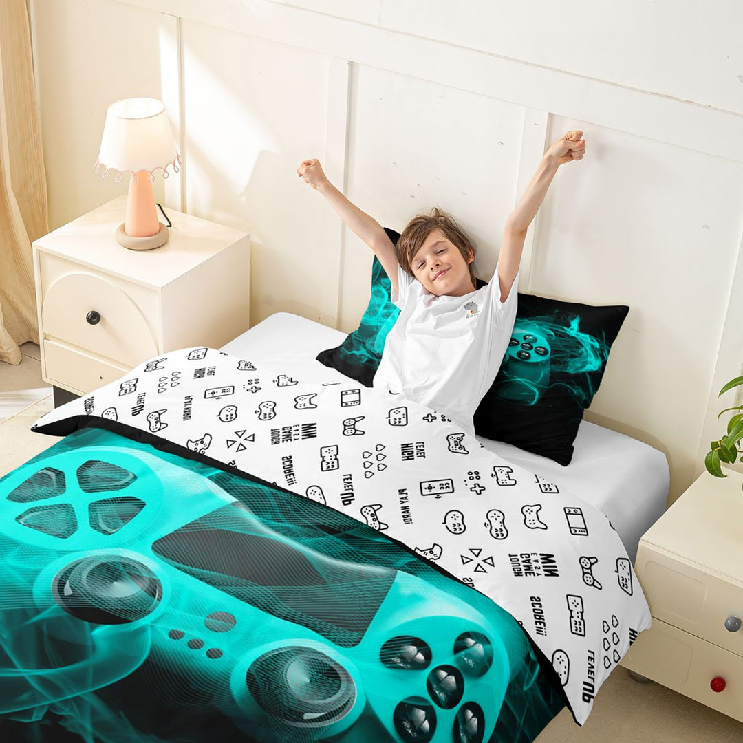 meiyoeat Neon Gaming Gamepad Duvet Cover Set, Smoke Wave Bedding Full for Boys, Teal, Gamepad Reversible 3-Piece, 1 Duvet Cover and 2 Pillowcases