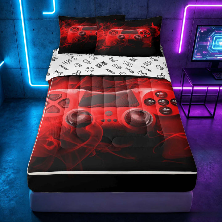 meiyoeat Neon Green Smoke Gaming Zipper Full Size Comforter Sets with Fitted Sheet and 2 Pillowcases for Boys Teens, Video Game Gamer Zipper Bedding Set, Black Red, Gamepad Reversible