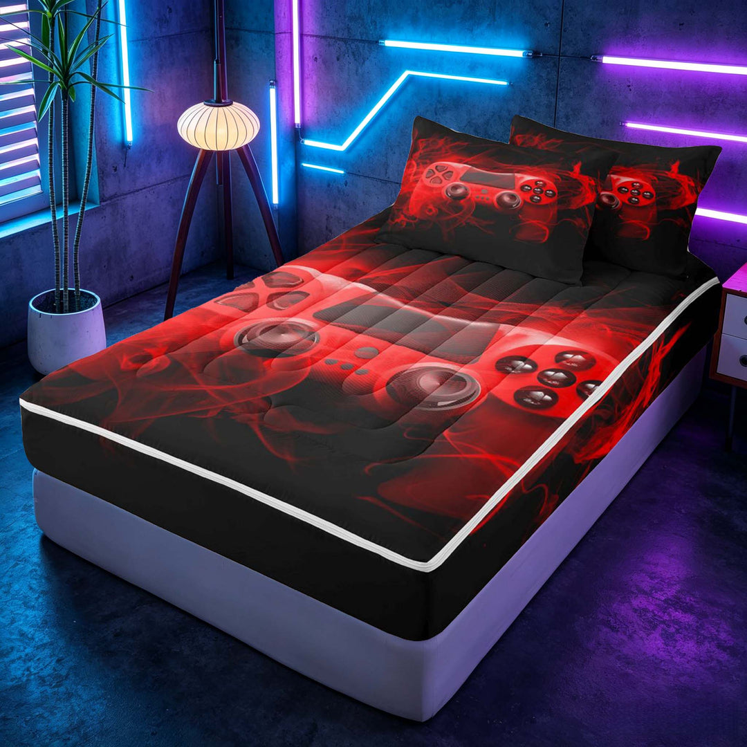 meiyoeat Neon Green Smoke Gaming Zipper Full Size Comforter Sets with Fitted Sheet and 2 Pillowcases for Boys Teens, Video Game Gamer Zipper Bedding Set, Black Red, Gamepad Reversible