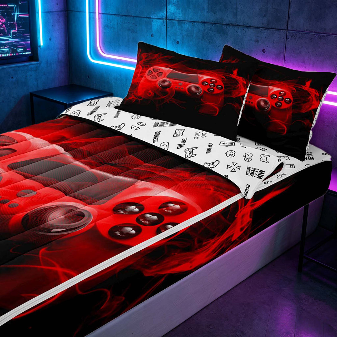 meiyoeat Neon Green Smoke Gaming Zipper Full Size Comforter Sets with Fitted Sheet and 2 Pillowcases for Boys Teens, Video Game Gamer Zipper Bedding Set, Black Red, Gamepad Reversible