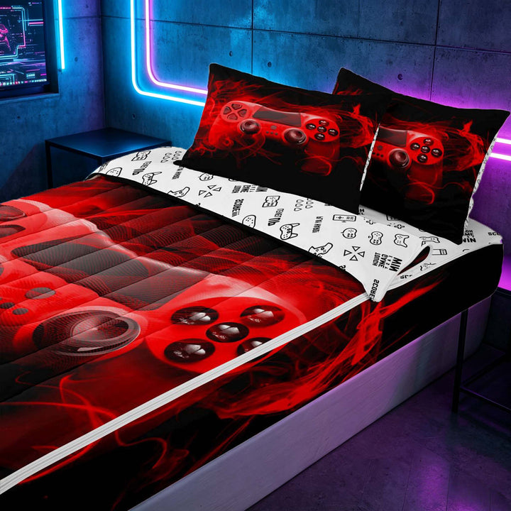 meiyoeat Neon Green Smoke Gaming Zipper Full Size Comforter Sets with Fitted Sheet and 2 Pillowcases for Boys Teens, Video Game Gamer Zipper Bedding Set, Black Red, Gamepad Reversible