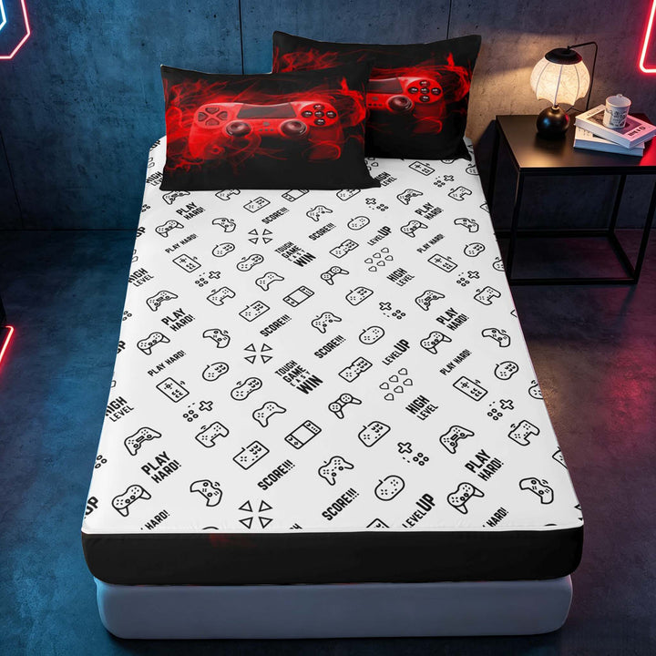 meiyoeat Neon Green Smoke Gaming Zipper Full Size Comforter Sets with Fitted Sheet and 2 Pillowcases for Boys Teens, Video Game Gamer Zipper Bedding Set, Black Red, Gamepad Reversible