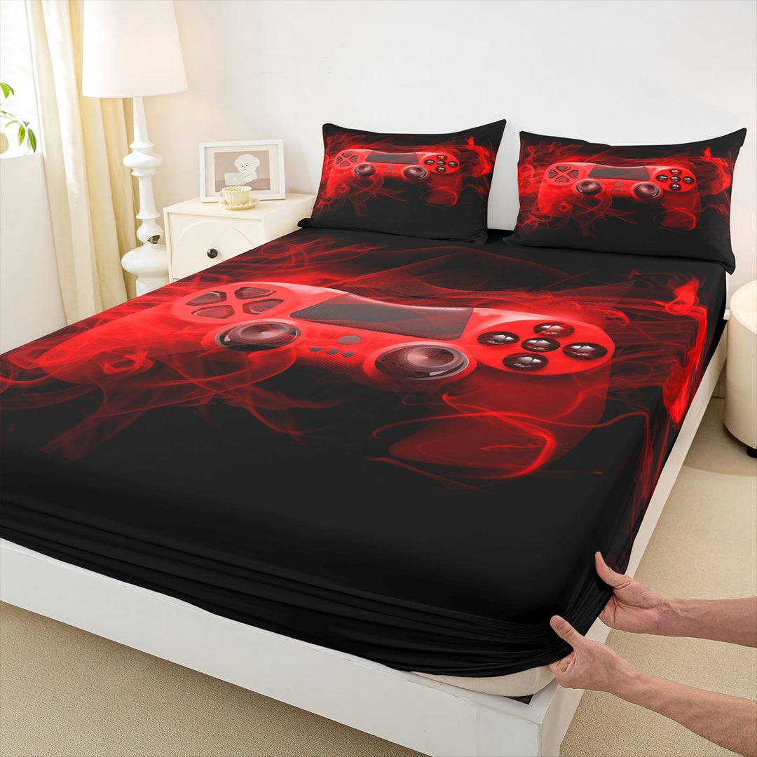 meiyoeat Neon Green Smoke Gaming Full Size Sheets for Boys Teens, Video Game Gamer Bed Sheets, Black Red, 4 Pieces, 1 Flat Sheet, 1 Fitted Sheet and 2 Pillowcases
