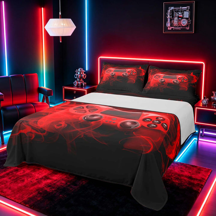 meiyoeat Neon Green Smoke Gaming Full Size Sheets for Boys Teens, Video Game Gamer Bed Sheets, Black Red, 4 Pieces, 1 Flat Sheet, 1 Fitted Sheet and 2 Pillowcases