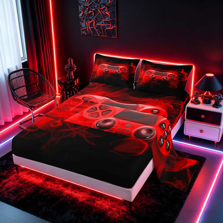 meiyoeat Neon Green Smoke Gaming Full Size Sheets for Boys Teens, Video Game Gamer Bed Sheets, Black Red, 4 Pieces, 1 Flat Sheet, 1 Fitted Sheet and 2 Pillowcases