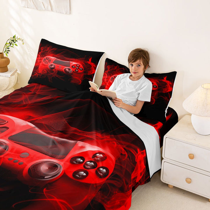 meiyoeat Neon Green Smoke Gaming Full Size Sheets for Boys Teens, Video Game Gamer Bed Sheets, Black Red, 4 Pieces, 1 Flat Sheet, 1 Fitted Sheet and 2 Pillowcases