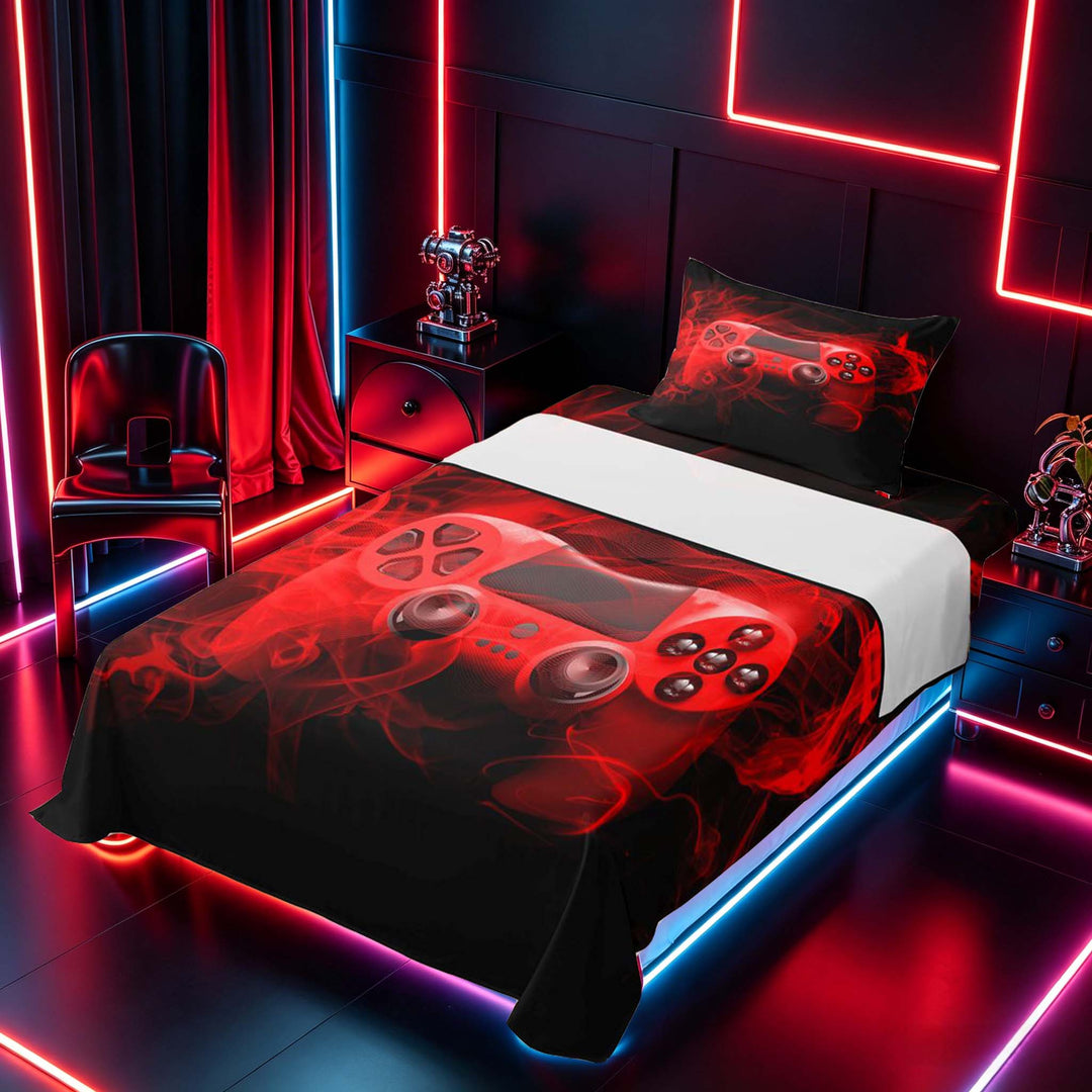 meiyoeat Neon Green Smoke Gaming Full Size Sheets for Boys Teens, Video Game Gamer Bed Sheets, Black Red, 4 Pieces, 1 Flat Sheet, 1 Fitted Sheet and 2 Pillowcases