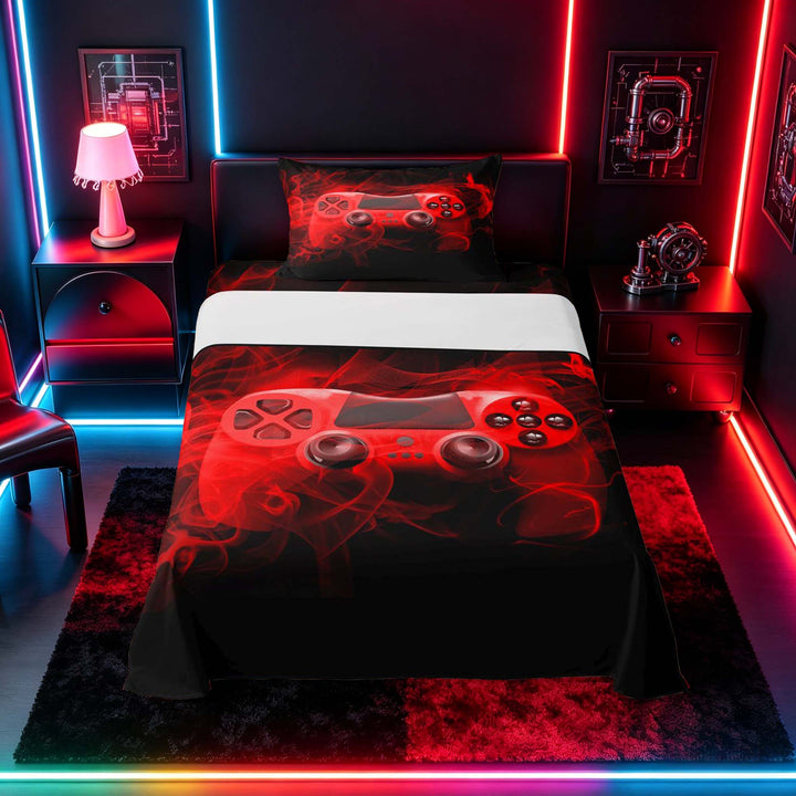meiyoeat Neon Green Smoke Gaming Full Size Sheets for Boys Teens, Video Game Gamer Bed Sheets, Black Red, 4 Pieces, 1 Flat Sheet, 1 Fitted Sheet and 2 Pillowcases