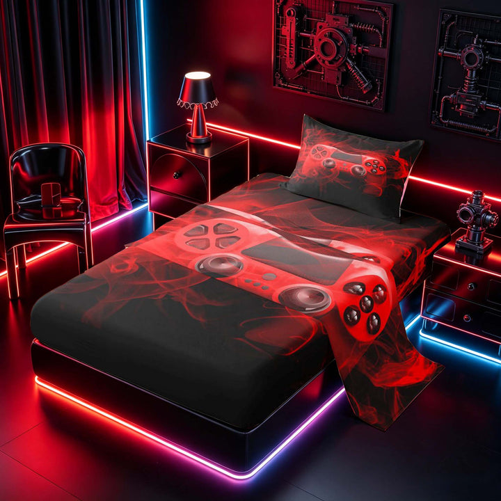 meiyoeat Neon Green Smoke Gaming Full Size Sheets for Boys Teens, Video Game Gamer Bed Sheets, Black Red, 4 Pieces, 1 Flat Sheet, 1 Fitted Sheet and 2 Pillowcases