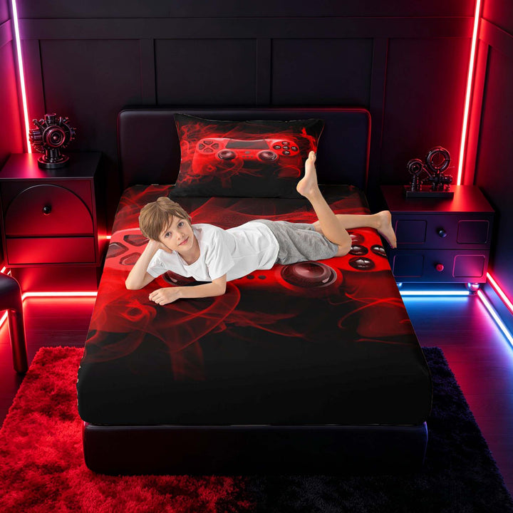 meiyoeat Neon Green Smoke Gaming Full Size Sheets for Boys Teens, Video Game Gamer Bed Sheets, Black Red, 4 Pieces, 1 Flat Sheet, 1 Fitted Sheet and 2 Pillowcases