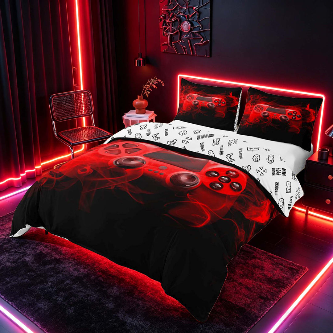 meiyoeat Neon Green Smoke Gaming Duvet Cover Set for Boys Teens, Video Game Gamer Bedding Full, Black Red, Gamepad Reversible3 Pieces, 1 Duvet Cover and 2 Pillowcases