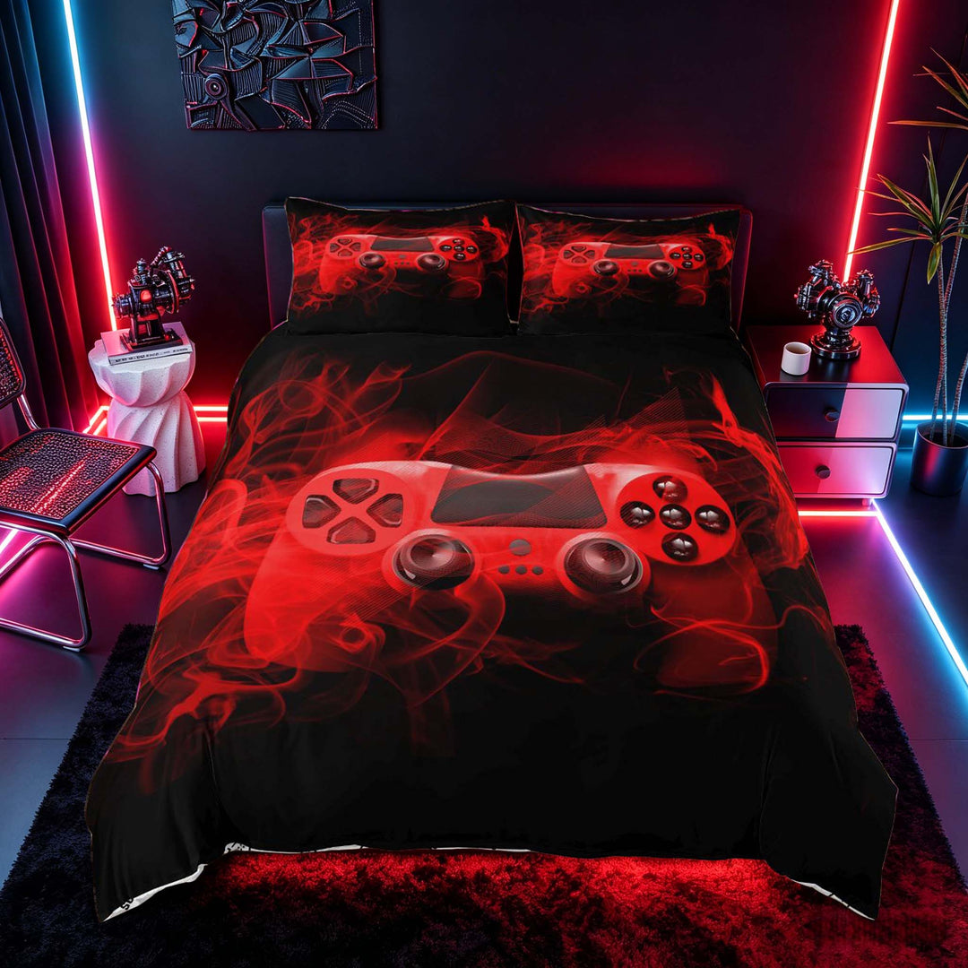 meiyoeat Neon Green Smoke Gaming Duvet Cover Set for Boys Teens, Video Game Gamer Bedding Full, Black Red, Gamepad Reversible3 Pieces, 1 Duvet Cover and 2 Pillowcases