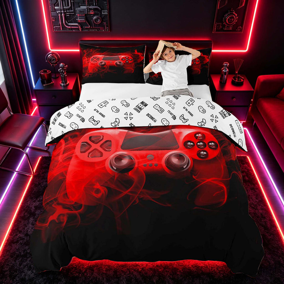 meiyoeat Neon Green Smoke Gaming Duvet Cover Set for Boys Teens, Video Game Gamer Bedding Full, Black Red, Gamepad Reversible3 Pieces, 1 Duvet Cover and 2 Pillowcases