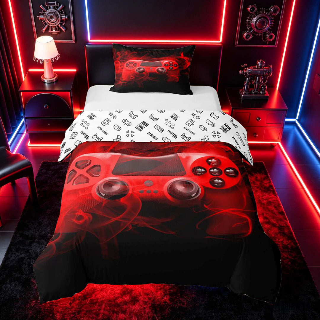 meiyoeat Neon Green Smoke Gaming Duvet Cover Set for Boys Teens, Video Game Gamer Bedding Full, Black Red, Gamepad Reversible3 Pieces, 1 Duvet Cover and 2 Pillowcases