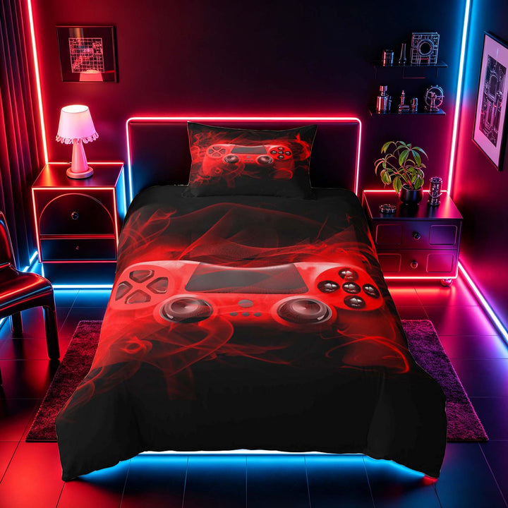 meiyoeat Neon Green Smoke Gaming Duvet Cover Set for Boys Teens, Video Game Gamer Bedding Full, Black Red, Gamepad Reversible3 Pieces, 1 Duvet Cover and 2 Pillowcases
