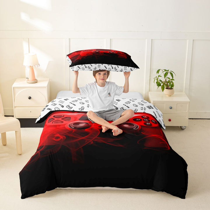 meiyoeat Neon Green Smoke Gaming Duvet Cover Set for Boys Teens, Video Game Gamer Bedding Full, Black Red, Gamepad Reversible3 Pieces, 1 Duvet Cover and 2 Pillowcases
