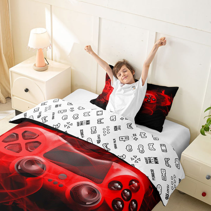 meiyoeat Neon Green Smoke Gaming Duvet Cover Set for Boys Teens, Video Game Gamer Bedding Full, Black Red, Gamepad Reversible3 Pieces, 1 Duvet Cover and 2 Pillowcases