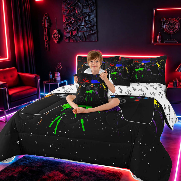 meiyoeat Graffiti Splash Game Controller Bedding Comforter Set for Boys Teens Gamers, Colorful Graffiti Gaming Console Full Bedding Set, Gamepad Reversible 7-Piece