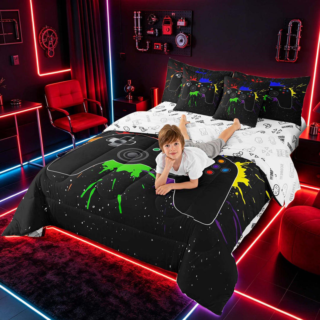 meiyoeat Graffiti Splash Game Controller Bedding Comforter Set for Boys Teens Gamers, Colorful Graffiti Gaming Console Full Bedding Set, Gamepad Reversible 7-Piece