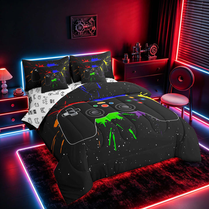 meiyoeat Graffiti Splash Game Controller Bedding Comforter Set for Boys Teens Gamers, Colorful Graffiti Gaming Console Full Bedding Set, Gamepad Reversible 7-Piece