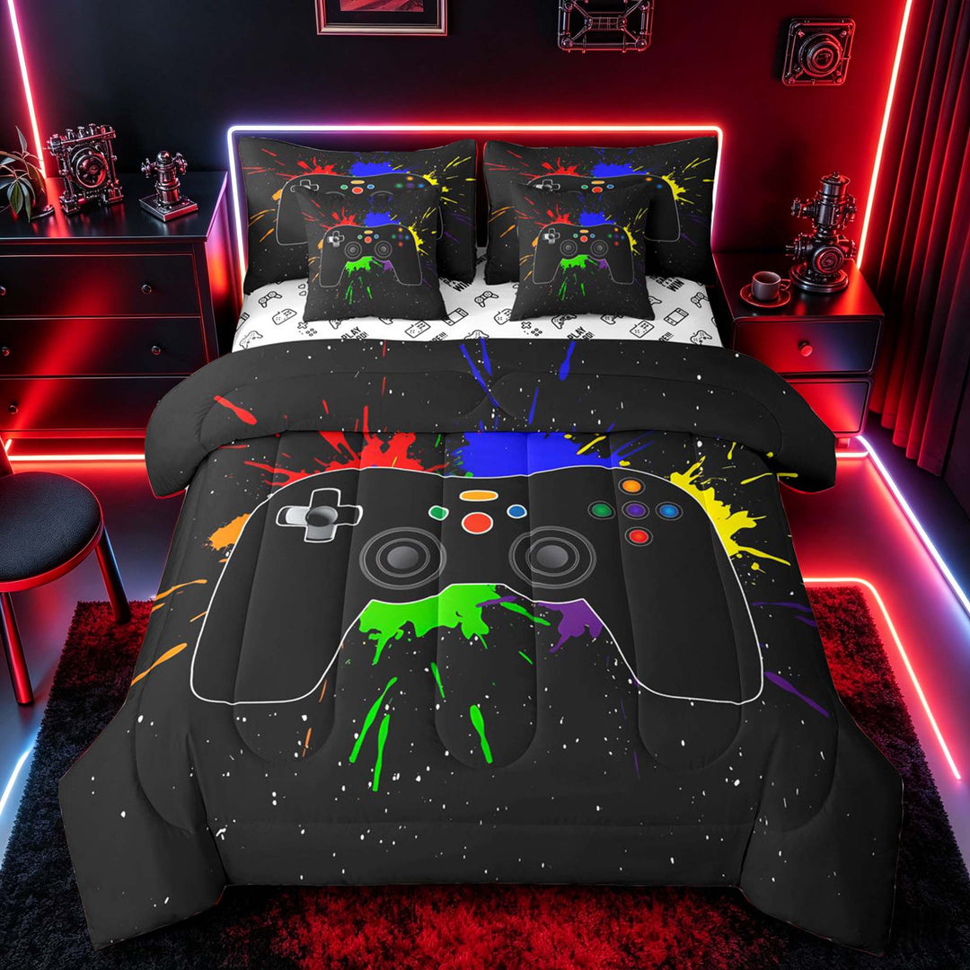 meiyoeat Graffiti Splash Game Controller Bedding Comforter Set for Boys Teens Gamers, Colorful Graffiti Gaming Console Full Bedding Set, Gamepad Reversible 7-Piece