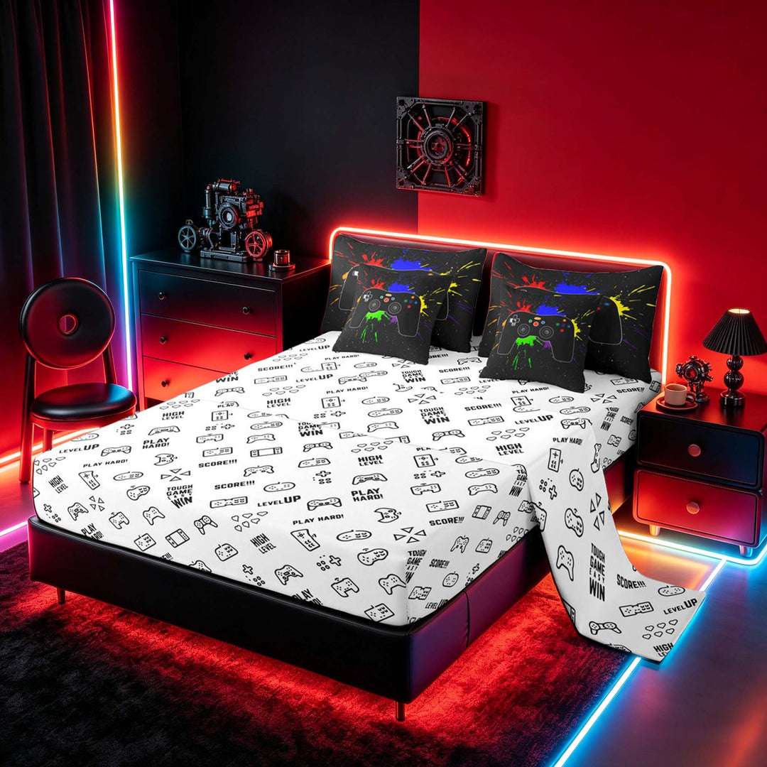 meiyoeat Graffiti Splash Game Controller Bedding Comforter Set for Boys Teens Gamers, Colorful Graffiti Gaming Console Full Bedding Set, Gamepad Reversible 7-Piece
