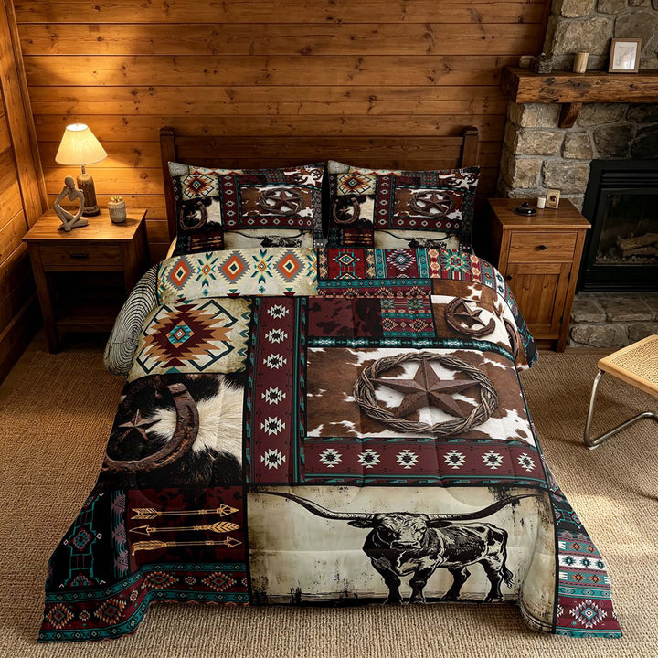 meiyoeat Western Cowboy Aztec King Size Comforter Sets, Vintage Bull Horseshoe Pattern Bedding Comforter Set, Multicolor Brown, Black Reversible 3-Piece, 1 Comforter and 2 Pillowcases