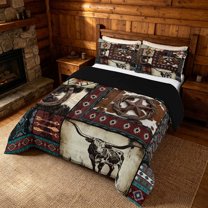 meiyoeat Western Cowboy Aztec King Size Comforter Sets, Vintage Bull Horseshoe Pattern Bedding Comforter Set, Multicolor Brown, Black Reversible 3-Piece, 1 Comforter and 2 Pillowcases