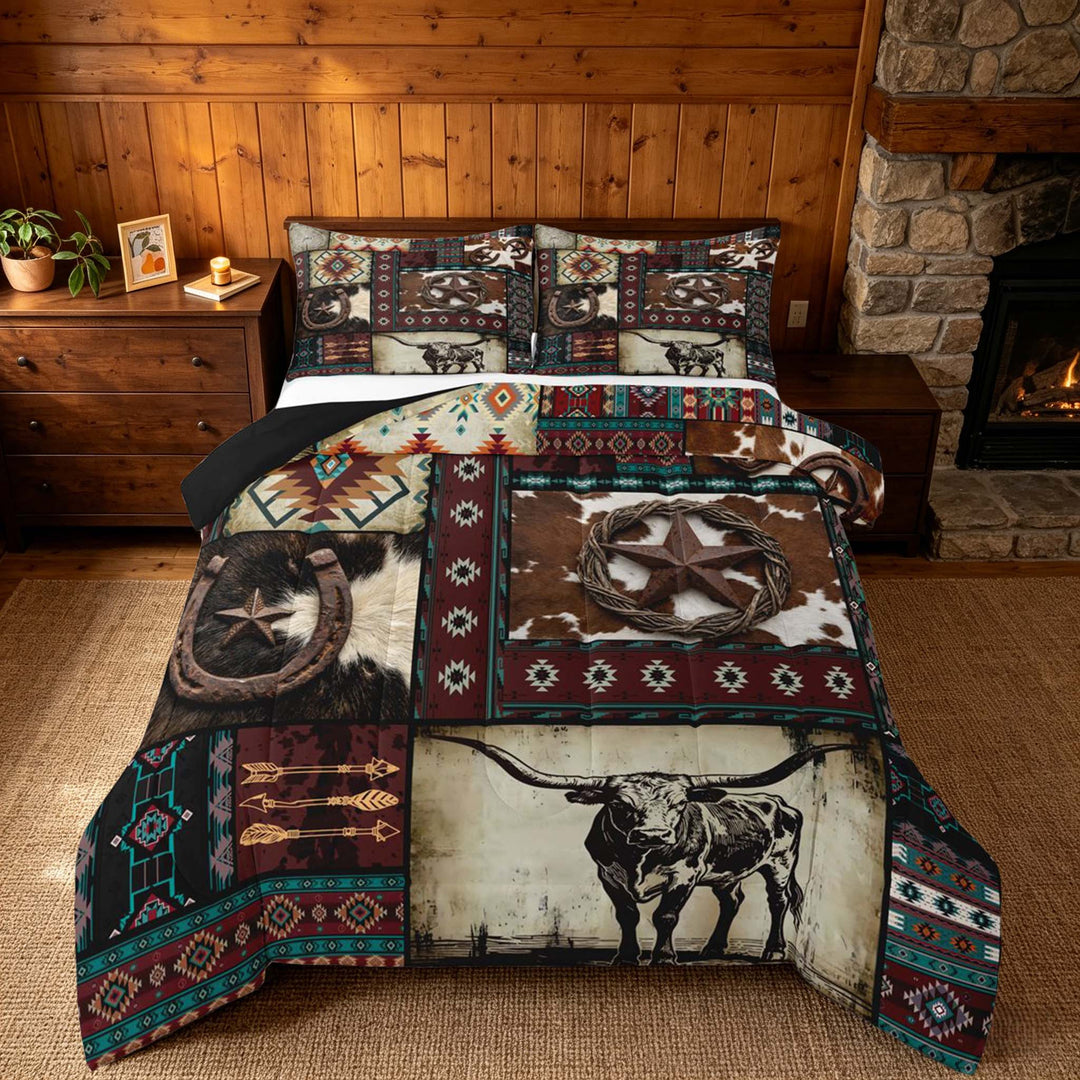 meiyoeat Western Cowboy Aztec King Size Comforter Sets, Vintage Bull Horseshoe Pattern Bedding Comforter Set, Multicolor Brown, Black Reversible 3-Piece, 1 Comforter and 2 Pillowcases