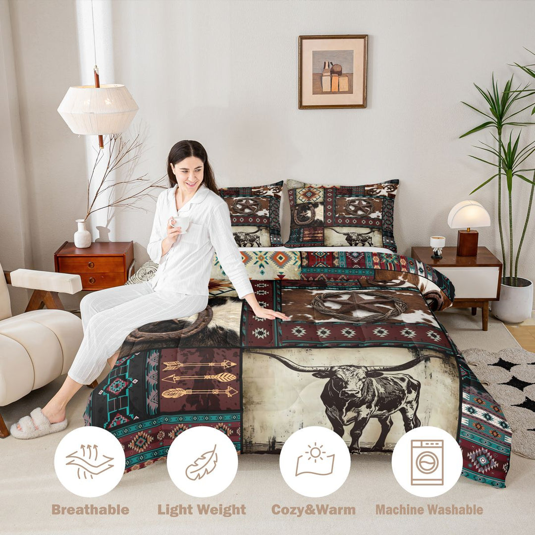 meiyoeat Western Cowboy Aztec King Size Comforter Sets, Vintage Bull Horseshoe Pattern Bedding Comforter Set, Multicolor Brown, Black Reversible 3-Piece, 1 Comforter and 2 Pillowcases