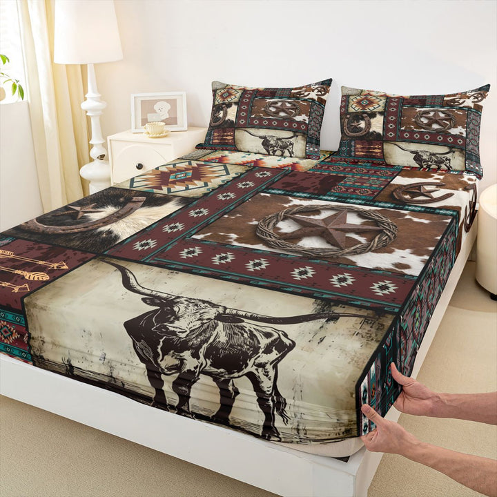 meiyoeat Western Cowboy Aztec Bed Sheets, Vintage Bull Horseshoe Pattern King Sheets, Multicolor Brown, 4-Piece, 1 Flat Sheet, 1 Fitted Sheet and 2 Pillowcases