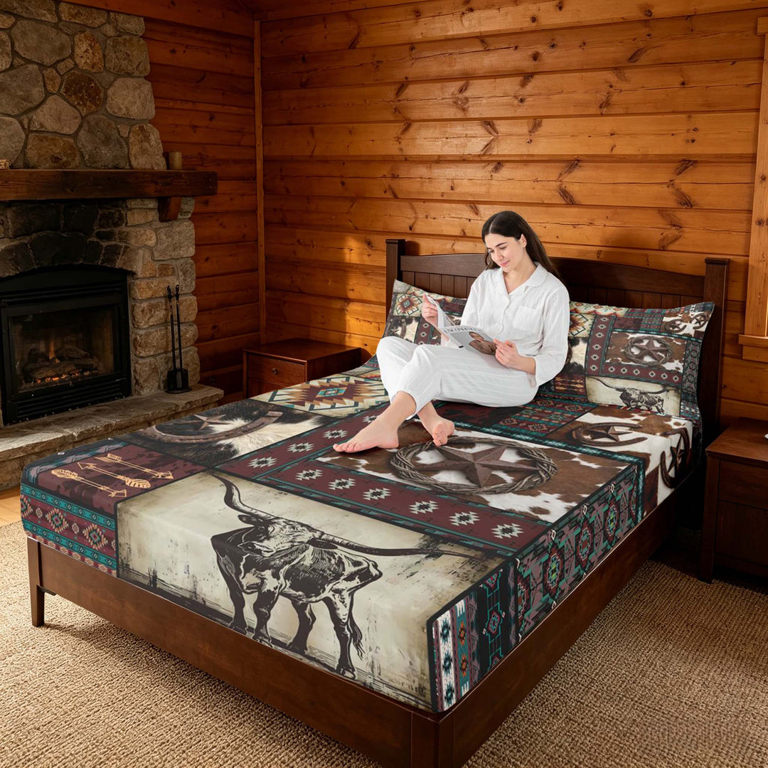 meiyoeat Western Cowboy Aztec Bed Sheets, Vintage Bull Horseshoe Pattern King Sheets, Multicolor Brown, 4-Piece, 1 Flat Sheet, 1 Fitted Sheet and 2 Pillowcases