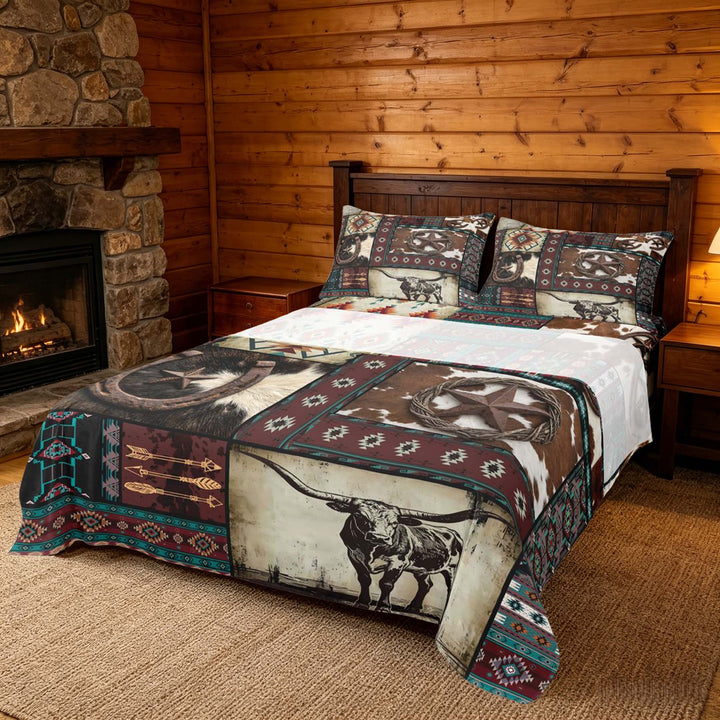 meiyoeat Western Cowboy Aztec Bed Sheets, Vintage Bull Horseshoe Pattern King Sheets, Multicolor Brown, 4-Piece, 1 Flat Sheet, 1 Fitted Sheet and 2 Pillowcases