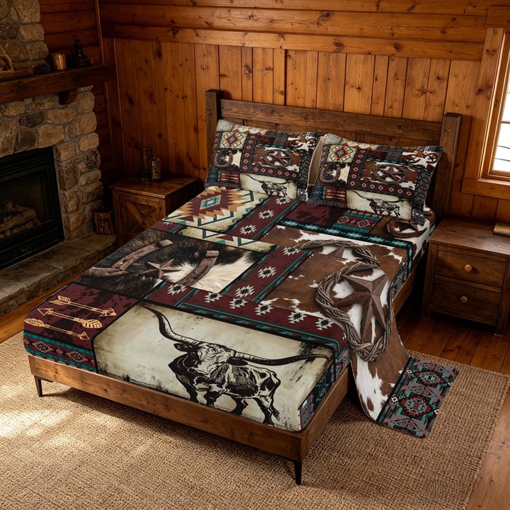 meiyoeat Western Cowboy Aztec Bed Sheets, Vintage Bull Horseshoe Pattern King Sheets, Multicolor Brown, 4-Piece, 1 Flat Sheet, 1 Fitted Sheet and 2 Pillowcases