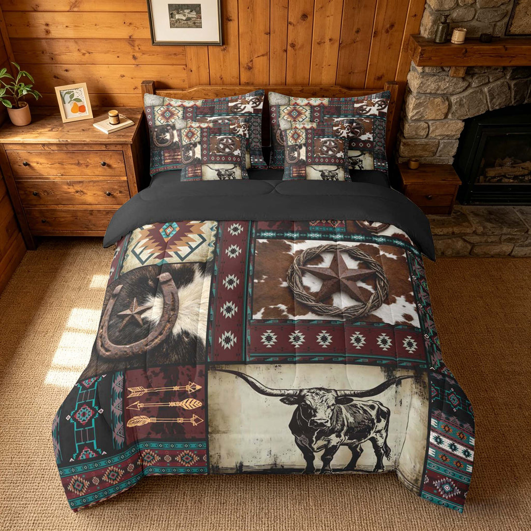 meiyoeat Western Cowboy Aztec Bedding Comforter Set, Vintage Bull Horseshoe Pattern King Bedding Sets, Multicolor Brown, Black Reversible 7-Piece