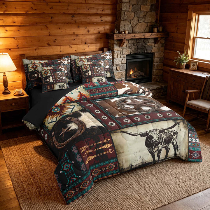 meiyoeat Western Cowboy Aztec Bedding Comforter Set, Vintage Bull Horseshoe Pattern King Bedding Sets, Multicolor Brown, Black Reversible 7-Piece