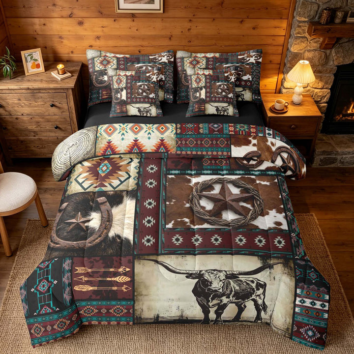 meiyoeat Western Cowboy Aztec Bedding Comforter Set, Vintage Bull Horseshoe Pattern King Bedding Sets, Multicolor Brown, Black Reversible 7-Piece