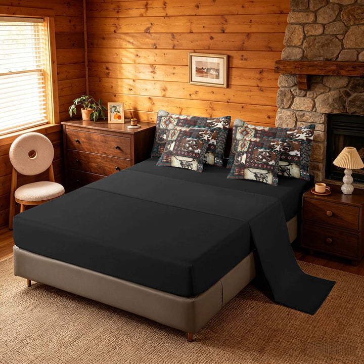 meiyoeat Western Cowboy Aztec Bedding Comforter Set, Vintage Bull Horseshoe Pattern King Bedding Sets, Multicolor Brown, Black Reversible 7-Piece