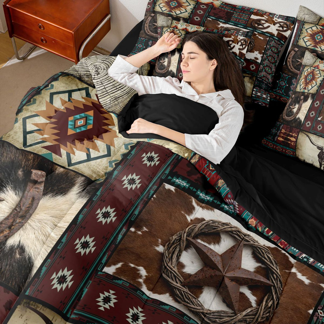 meiyoeat Western Cowboy Aztec Bedding Comforter Set, Vintage Bull Horseshoe Pattern King Bedding Sets, Multicolor Brown, Black Reversible 7-Piece