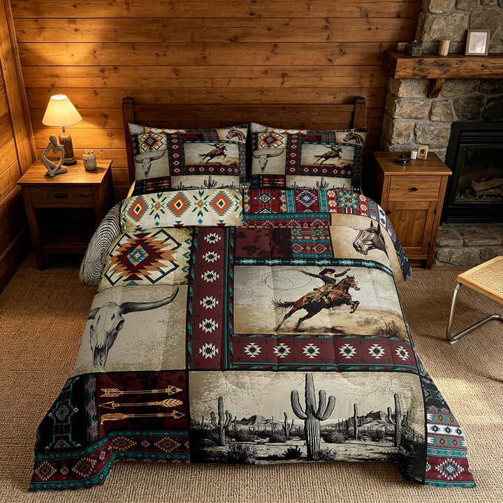 meiyoeat Western Cowboy Aztec King Size Comforter Sets, Vintage Cactus Cowboy Pattern Bedding Comforter Set, Multicolor Brown, Black Reversible 3pcs, 1 Comforter and 2 Pillowcases