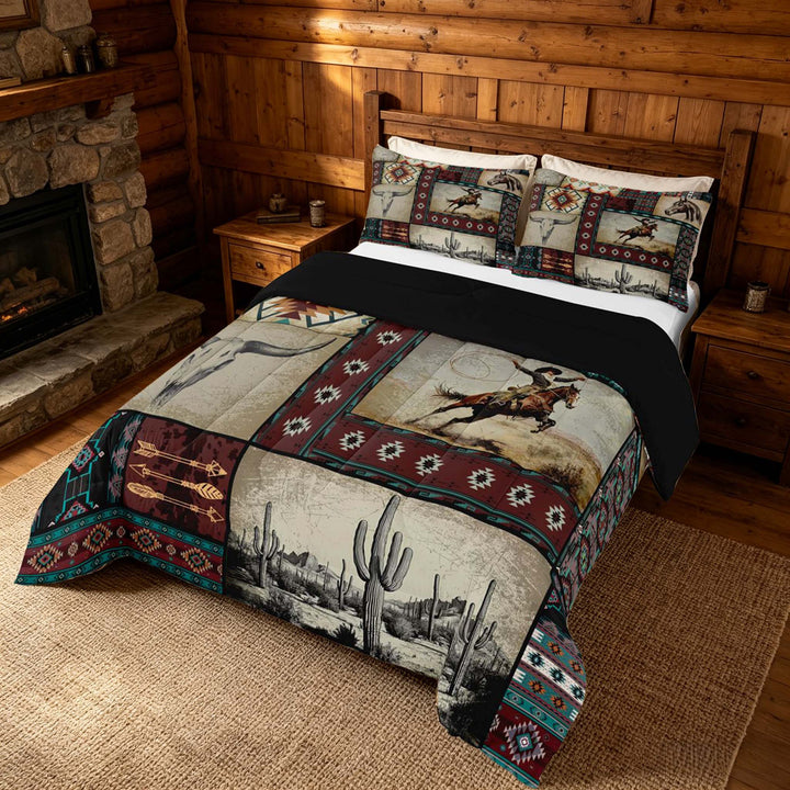 meiyoeat Western Cowboy Aztec King Size Comforter Sets, Vintage Cactus Cowboy Pattern Bedding Comforter Set, Multicolor Brown, Black Reversible 3pcs, 1 Comforter and 2 Pillowcases