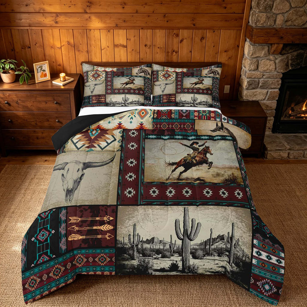 meiyoeat Western Cowboy Aztec King Size Comforter Sets, Vintage Cactus Cowboy Pattern Bedding Comforter Set, Multicolor Brown, Black Reversible 3pcs, 1 Comforter and 2 Pillowcases