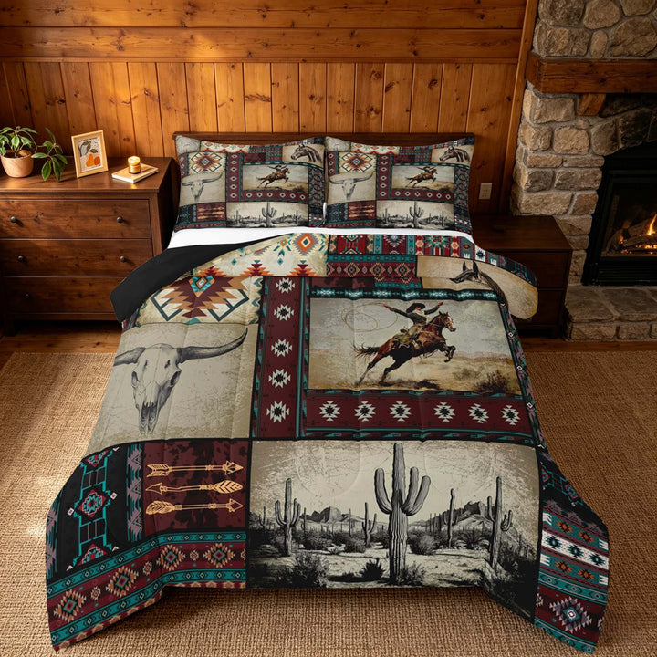 meiyoeat Western Cowboy Aztec King Size Comforter Sets, Vintage Cactus Cowboy Pattern Bedding Comforter Set, Multicolor Brown, Black Reversible 3pcs, 1 Comforter and 2 Pillowcases
