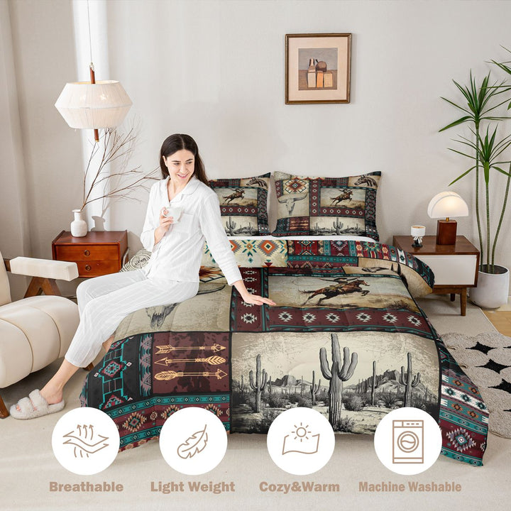 meiyoeat Western Cowboy Aztec King Size Comforter Sets, Vintage Cactus Cowboy Pattern Bedding Comforter Set, Multicolor Brown, Black Reversible 3pcs, 1 Comforter and 2 Pillowcases
