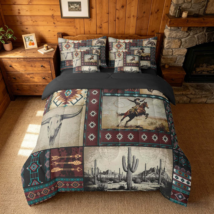 meiyoeat Western Cowboy Aztec Bedding Comforter Set, Vintage Cactus Cowboy Pattern King Bedding Sets, Multicolor Brown, Black Reversible 7pcs