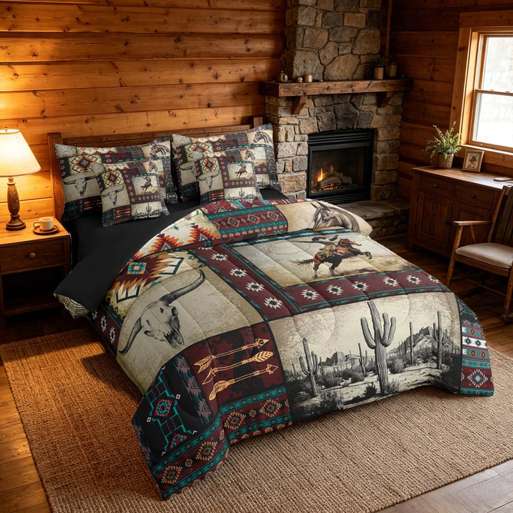 meiyoeat Western Cowboy Aztec Bedding Comforter Set, Vintage Cactus Cowboy Pattern King Bedding Sets, Multicolor Brown, Black Reversible 7pcs