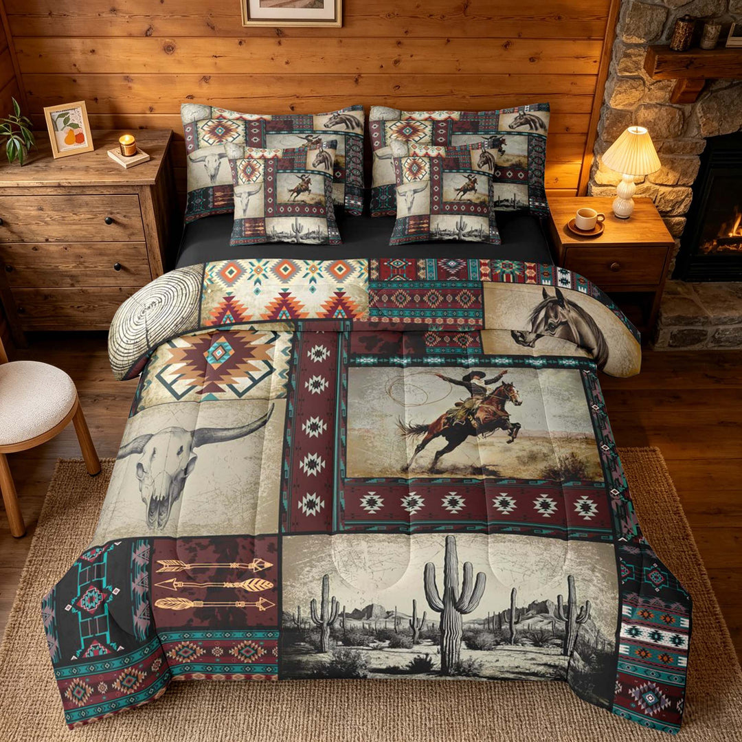 meiyoeat Western Cowboy Aztec Bedding Comforter Set, Vintage Cactus Cowboy Pattern King Bedding Sets, Multicolor Brown, Black Reversible 7pcs