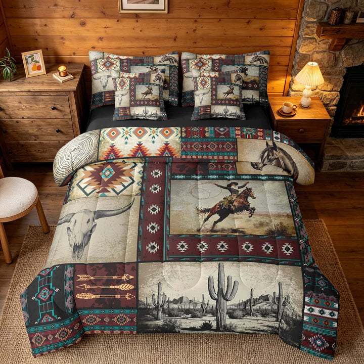 meiyoeat Western Cowboy Aztec Bedding Comforter Set, Vintage Cactus Cowboy Pattern King Bedding Sets, Multicolor Brown, Black Reversible 7pcs
