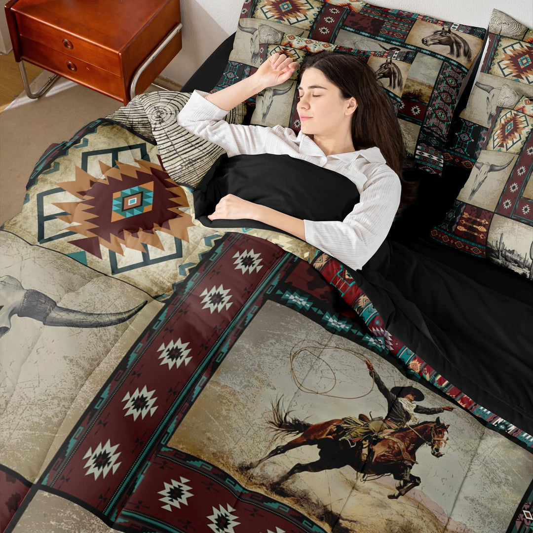 meiyoeat Western Cowboy Aztec Bedding Comforter Set, Vintage Cactus Cowboy Pattern King Bedding Sets, Multicolor Brown, Black Reversible 7pcs